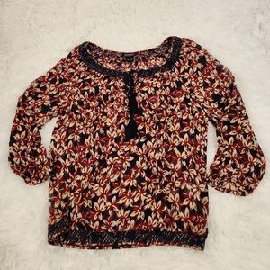 Lucky Brand Red and Blue Boho Flower Pattern Tie Neck Blouse